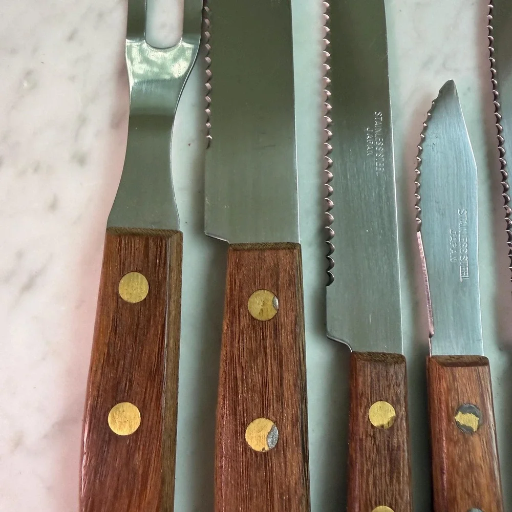 VTG 70s Mid Century Flatware Wood Handle Cutlery Set Japan Carving Knife Fork